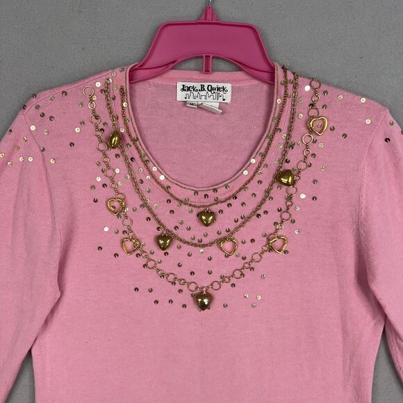 Jack B Quick Sweater Womens Medium Pink Gold Heart Charm Sequin Valentine Girly - Picture 2 of 15